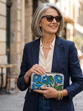 Hand Tooled Leather Blue Floral Zip Wallet - Women wallet